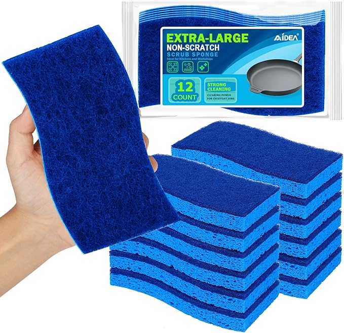 AIDEA XL Scrub Sponges Non-Scratch 12Count, Extra Large Sponges Kitchen, Sponge for Dishes, Cleans Fast Without Scratching Safe for Non-Stick Cookware, Cleaning Power for Kitchen, House