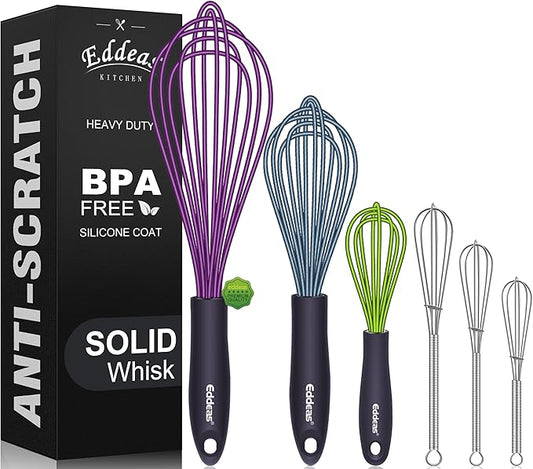 Whisk Eddeas Silicone Whisk Set of 6.Silicone whisks for cooking non Scratch.BPA Free and Dishwasher Whisk.7+9+11inch Colorful Wisk Great for cooking and Baking.（6pcs ）