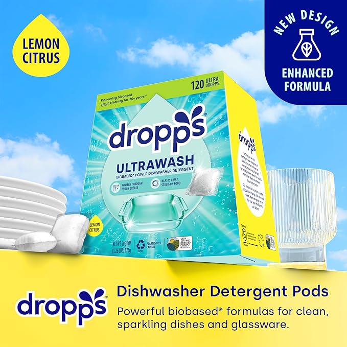 Dropps UltraWash Dishwasher Pods, Lemon Citrus (120 Count) - Biobased Power Deep Clean Dishwasher Detergent Tablets for Sparkling Shiny Dishes - No Rinse Aid or Pre-Wash Needed - Dishwashing Pods