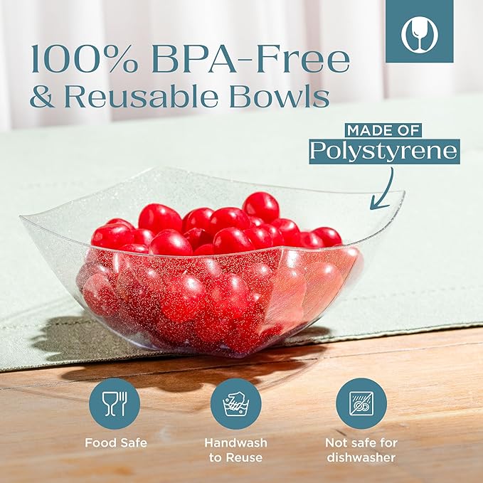 Posh Setting - Silver Glitter Plastic Serving Bowls for Party (8oz - 4 Pack) Square Bowls, Disposable Chip Bowls, Candy Bowls for Party Table, Salad Bowls for Party, Candy Containers for Candy Buffet