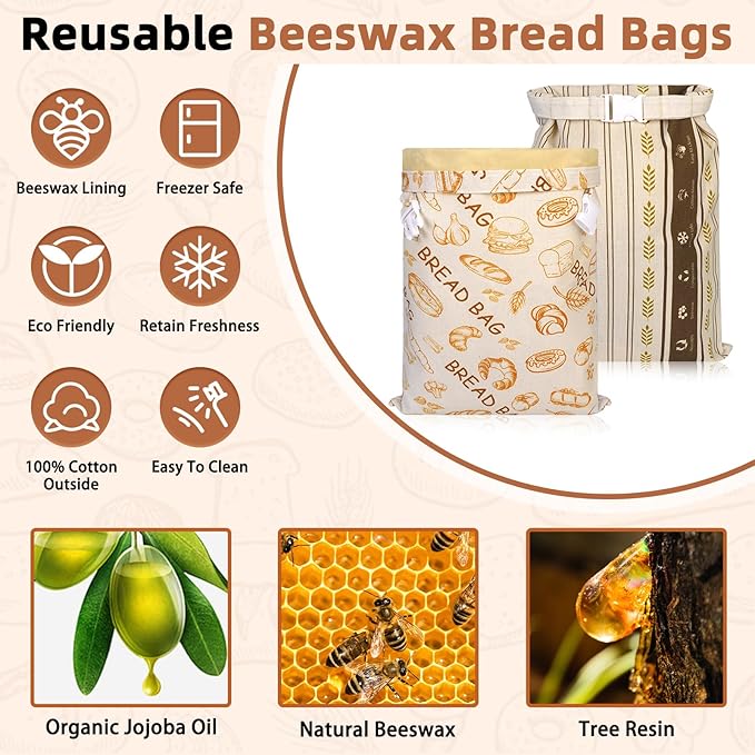 2 Pack Beeswax Bread Bags - Large Reusable Cotton Linen Food Storage Covers for Sourdough & Homemade Bread, Waxed Bags Keep Bread Fresh, Proofing Bag Freezer-Safe, Easy Clean
