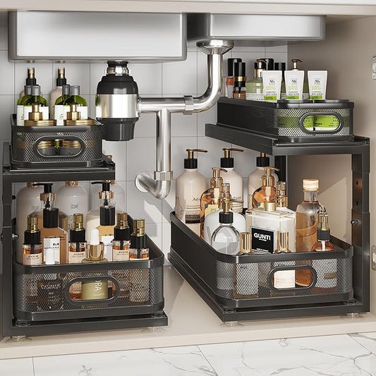 2 Pack 18.5IN-Depth Under Sink Organizer With Next-Gen Ball-Bearing Slides,2-Tier Precision Mesh Pull Out Cabinet Storage for Bathroom&Kitchen,Height Adjustable Drawers Shelf,Anti-rust-Black