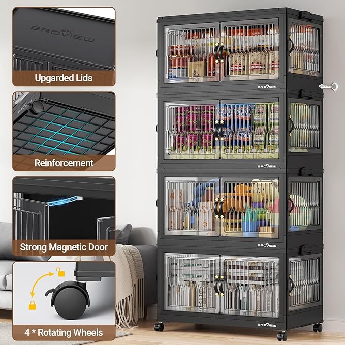 120QT Large Stackable Storage Bins with Lids, Plastic Closet Organizer and Storage Drawer, Collapsible Storage Box with Wheels, Folding Storage Cabinet with Doors for Home Kitchen, 1Pack Black