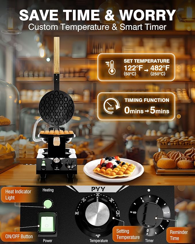 PYY Bubble Waffle Maker – 180° Rotating, Non-Stick Coating, Wooden Handle & Crumb Tray, Hong Kong Round Cones, 1500W Commercial Egg Puff Waffle Iron, 122-482℉ Electric Stainless Steel