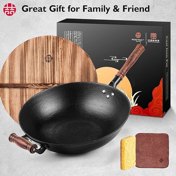 WANGYUANJI Cast Iron Wok Pan 12 inch Flat Bottom with Wooden Handle and Lid, Large Wok Stir Fry Pan Suitable for All Cooktops, Chinese wok with Free Dishcloth and Brush