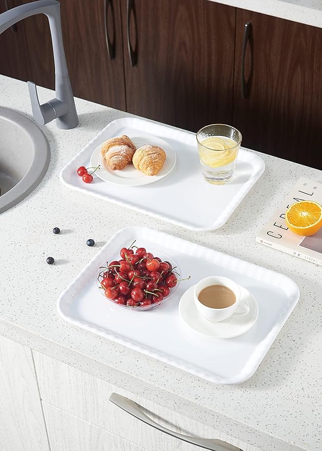Blue Boat 17" x 12" Rectangular Serving Trays Set Set of 4 White, Melamine Serving Platter, Light Weight Easy to Clean Sturdy Stackable BPA-Free Dishwasher Safe