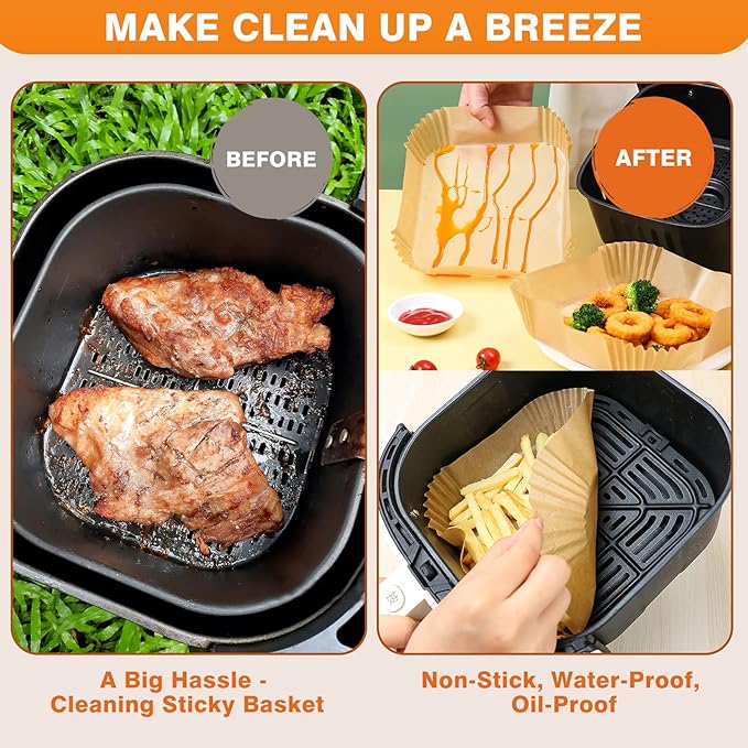 Vailnd 9inch Square Air Fryer Disposable Paper Liners, 125PCS Non-Stick Food Grade Air Fryer Parchment Liner, Oil Resistant, Waterproof, Food Grade Baking Paper for 8-12 QT Air Fryer Microwave