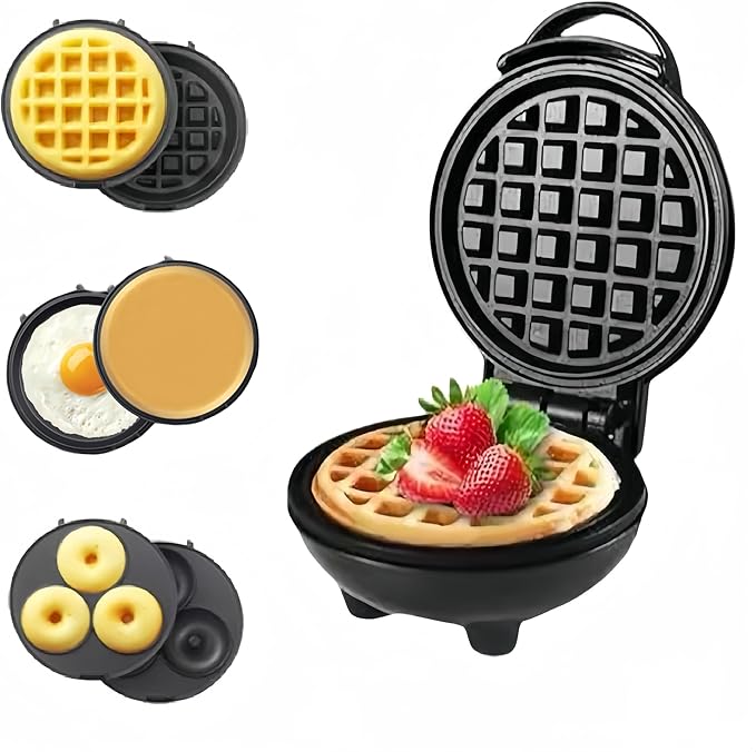 3 in 1 Mini Waffles Maker with 5 Removable Plates-Make Mini Waffles Donuts Pancakes or Eggs all in 1 Multi -Easy Cleaning & Storing- Holiday Gift(Black)