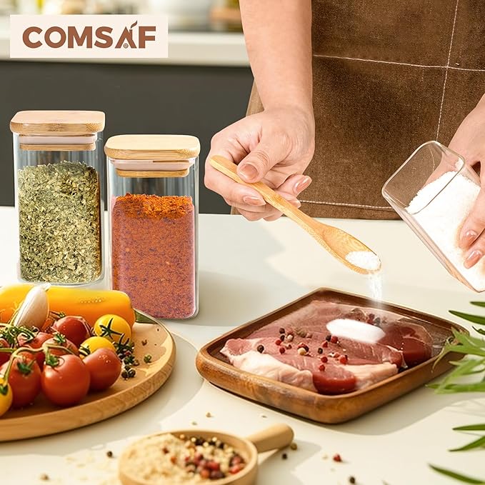 ComSaf 6Pcs 8oz Spice Jars with Label Trial Set, Glass Spice Jars with Bamboo Lids Supplementary Set, Seasoning Container Trial Pack, Perfect for Ktichen Starter