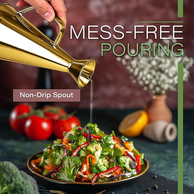 Olive Oil Dispenser Bottle Gold Stainless Steel Non Drip Leak Proof No Mess Vinegar Pourer & Kitchen Drizzler 17 oz 500ML 0.5 Litre Great for Pouring & Drizzling Easy to Clean & Leakproof