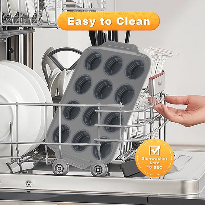 The Muffin Pan With Metal Frame & Foldable Sillicone Cups, Sturdy and Nonstick Muffin Pan Food Grade Silicone Molds (Grey, 1 Pack)