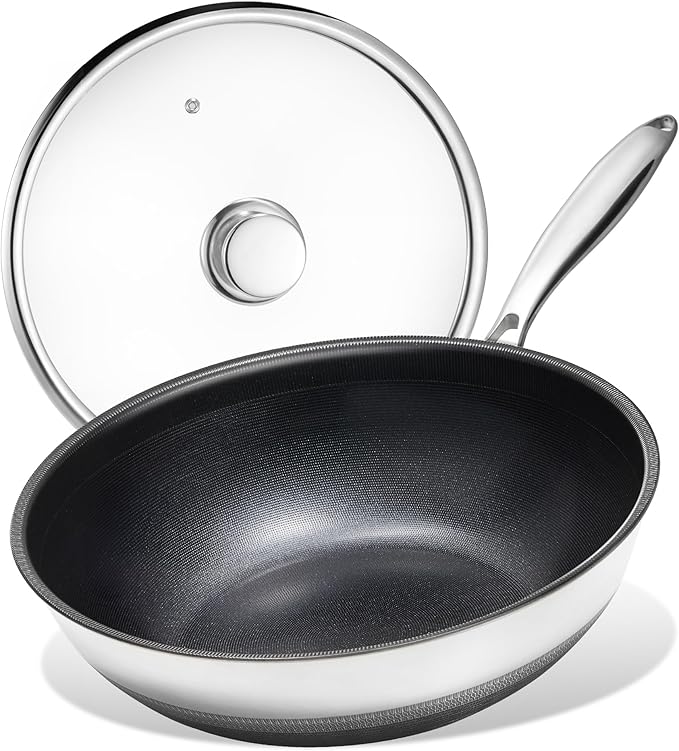 KITEXPERT Non Stick Wok Pan with Lid,12" Titanium Ceramic Pan Nonstick Stainless Steel Stir-fry Pans, PFAS PFOA & PTFE Free, Quick-Cool Handle, Dishwasher & Oven Safe, Compatible with All Cooktops