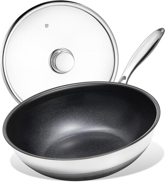 KITEXPERT Non Stick Wok Pan with Lid,12" Titanium Ceramic Pan Nonstick Stainless Steel Stir-fry Pans, PFAS PFOA & PTFE Free, Quick-Cool Handle, Dishwasher & Oven Safe, Compatible with All Cooktops
