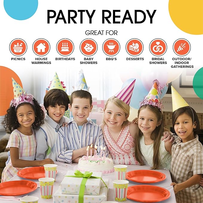 Exquisite Party Solids Orange Plastic Plates For Party 7" Orange Disposable Plates Heavy Duty Supplies 100 Pcs Plastic Dinnerware Sets Heavy Duty 350 GSM Disposable Dinnerware Set