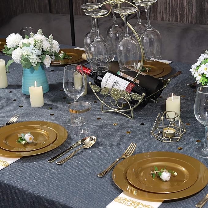 I00000 102 Pieces Solid Gold Disposable Plates, Gold Plastic Plates Premium Plastic Party Plates Includes: 51 Dinner Plate 10.25 Inch and 51 Salad/Dessert Plate 7.5 Inch for Wedding & Party