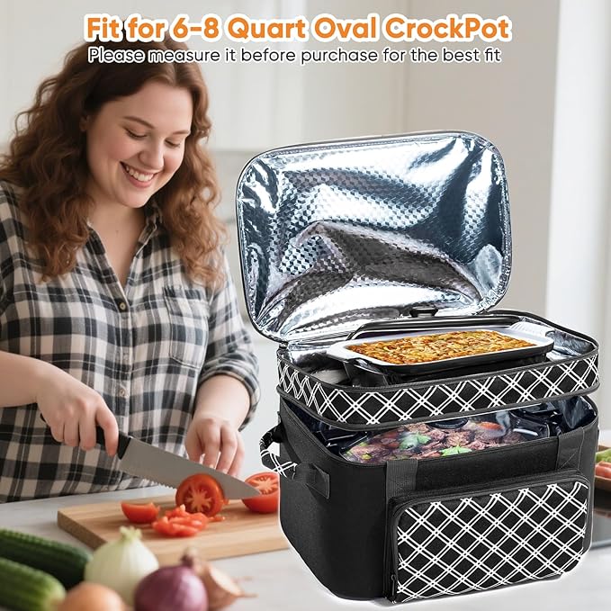 Double Layer Slow Cooker Carrier Bag – Fits 6–8 Qt Oval Slow Cooker Compatible with CrockPot & Hamilton Beach | Insulated Travel Tote with Utensil Storage & Adjustable Straps