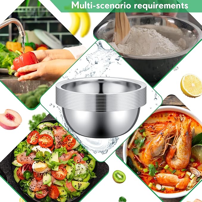Pinkunn Set of 12 Stainless Steel Mixing Bowls, Nesting Metal Prep Salad Bowl Bulk Kitchen Large Reusable Baking Food Container for Hotel Restaurant Home Cooking, Silver(8.66 x 3 Inch)