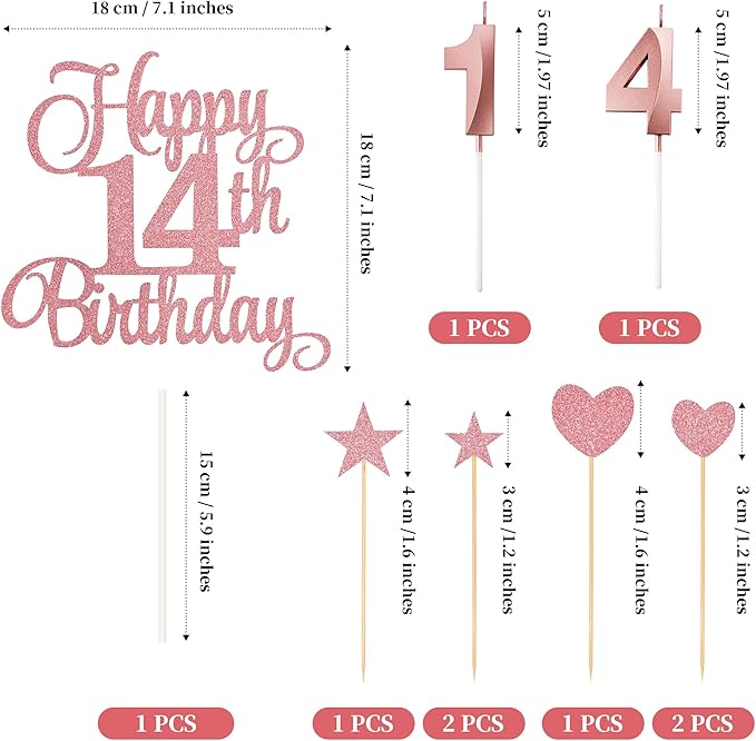 14th Birthday Cake Decorations, 14th Birthday Candles Cake Numeral Candles and Glitter Happy 14th Birthday Cake Toppers Set for Birthday Party Supplies (Rose Gold)