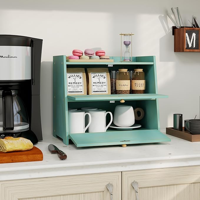 Vintage Double Layer Bread Box for Kitchen Counter Bamboo Bread Storage Container Large Capacity Bread Storage Bin (Antique Blue)