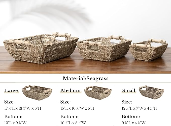 StorageWorks Hand-Woven Jumbo Storage Baskets with Wooden Handles, Seagrass Wicker Baskets for Organizing, 2-Pack