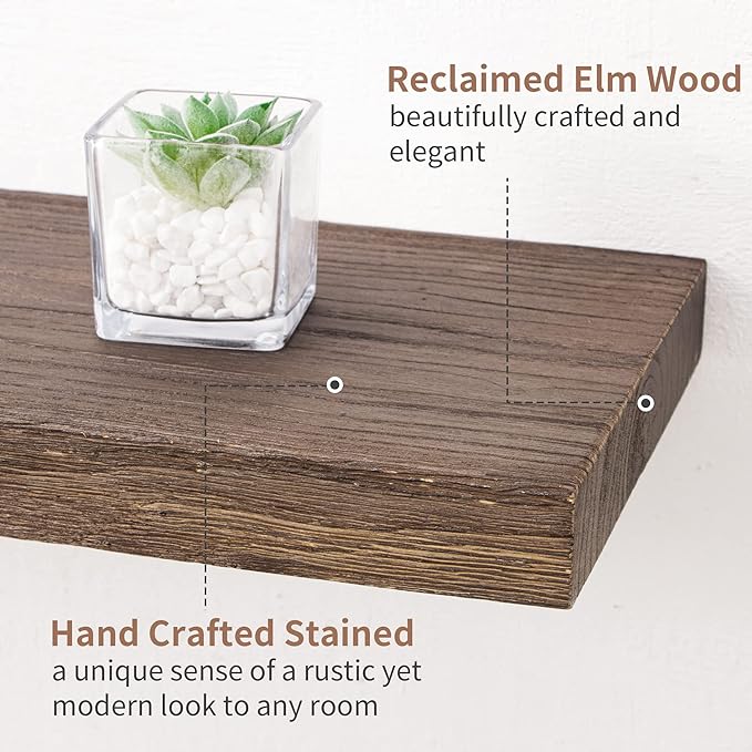 Axeman Floating Shelves for Wall, 24''W x 8'' D Rustic Solid Elm Wood Shelves for Storage, Wall Mounted Display Shelving with Invisible Heavy-Duty Metal Bracket (Walnut, 2PCs)