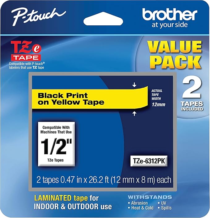 Brother Genuine P-Touch, TZe-6312Pk Tape ½” (12mm) 2-Pack Laminated P-Touch Tape, Black On Yellow Perfect for Indoor Or Outdoor Use, Water Resistant, 26.2 Ft. (8M)