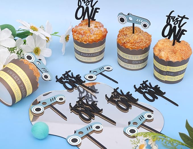Wooden Race Car Cupcake Toppers - Fast One Cupcake Topper,First Fast One Birthday Decorations,Fast One Birthday Theme Topper(fast one cake topper)