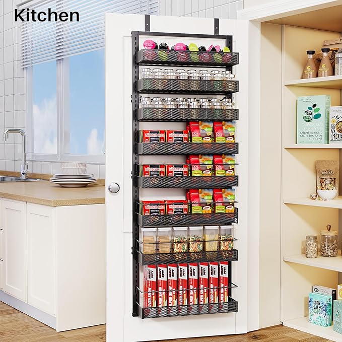 Over the Door Pantry Organizer - 8 Tier Adjustable Hanging Door Spice Rack, Large Capacity for Kitchen Pantry Storage (Black)
