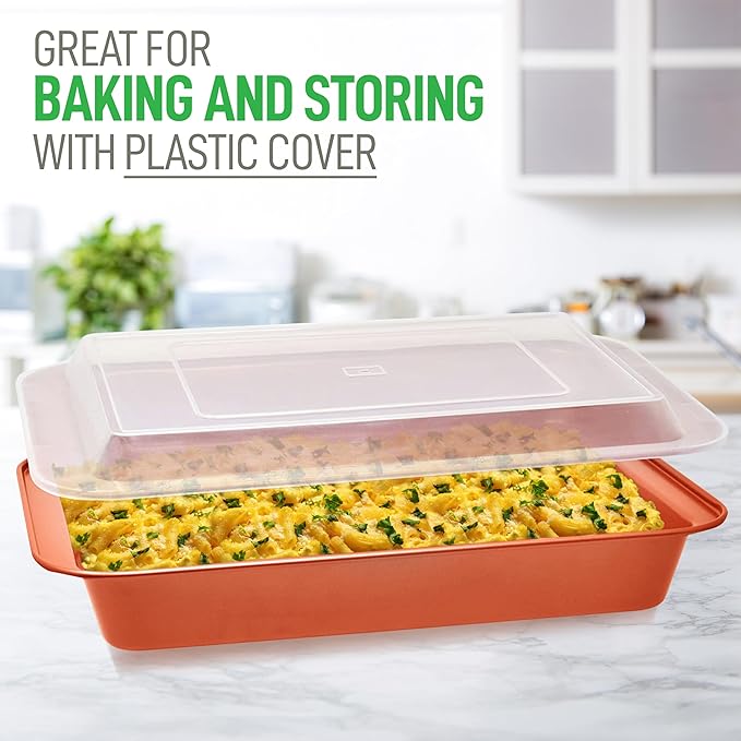 NutriChef 5-Piece Bakeware Set – Premium Non-Stick, Stackable Kitchen Baking Pans with Silicone Handles – Includes 3 Cookie Sheets, Baking Pan & Lid – Perfect for Cakes, Cookies & Brownies