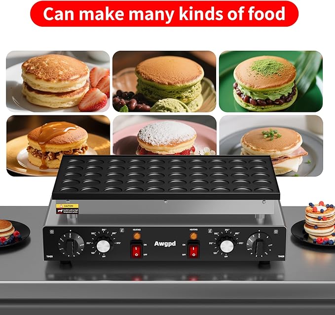 110V Mini Dutch Pancake Baker, 50PCS 1700W Commercial Electric Nonstick Waffle Maker Machine, 2 Timers Separate Control& 1.8 Inches Pancake Maker with 2 Thermostats, for Home and Restaurants
