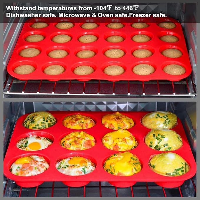 Silicone Muffin Pan Cupcake Set, Non-Stick Regular 12 Cups and Mini 24 Cups,Silicone Baking Molds,BPA Free Muffin Tin with 1 Silicone Spatula & 1 Oil Brush (Red)