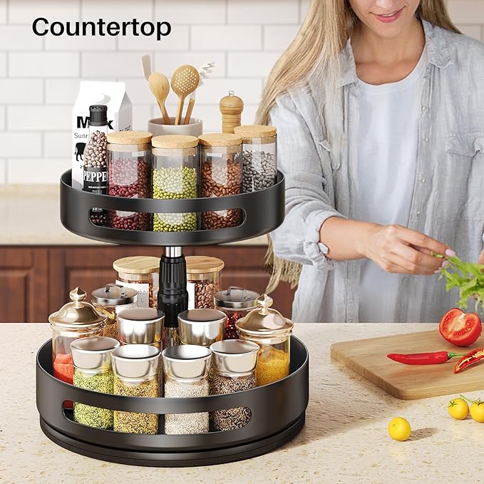 Lazy Susan Organizer Spice Rack - 2 Tier Height Adjustable Spice Organization for Cabinet, Metal Seasoning Organizer Lazy Turntable Spice Organizer for Table Top Pantry Kitchen Storage (10 inch)