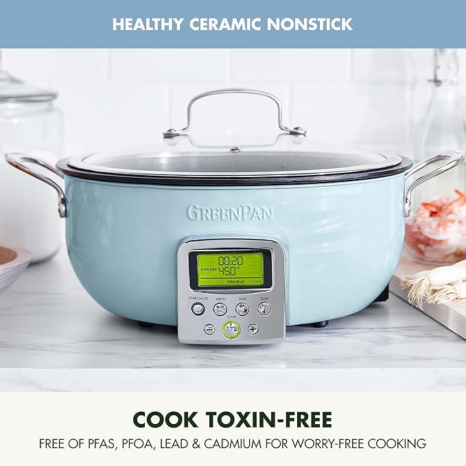 GreenPan Elite Essential Smart Electric 6QT Skillet Pot,Sear Saute Stir-Fry and Cook Rice, Healthy Ceramic Nonstick and Dishwasher Safe Parts, Easy-to-use LED Display, PFAS-Free, Blue Haze