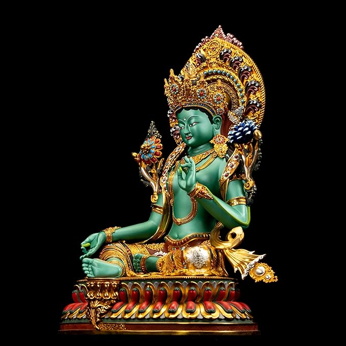 Handmade Copper Buddha Statue Indoor, Green Tara Buda Sculpture for Home Decor, Hand-Painted Colored Buddhist Budda,14.17"