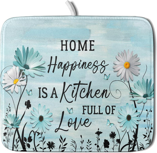 Blue Daisy Dish Drying Mat 16x18 Inch Love Kitchen Absorbent Microfiber Washable Fast Drying Pad Dishes Rack Mat for Kitchen Counter