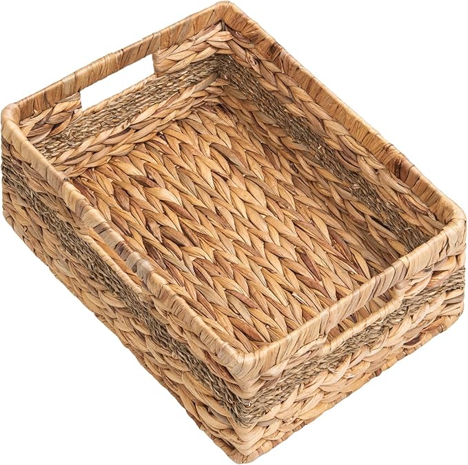 StorageWorks Large Rectangular Wicker Basket, Water Hyacinth and Seagrass Storage Basket with Built-in Handles, 1 Pack