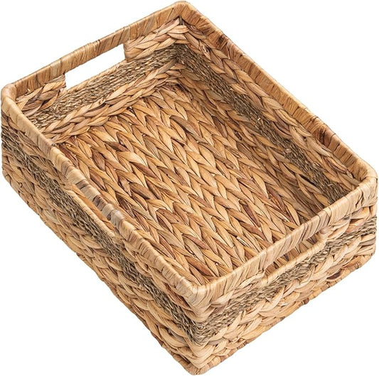 StorageWorks Large Rectangular Wicker Basket, Water Hyacinth and Seagrass Storage Basket with Built-in Handles, 1 Pack