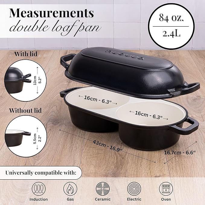 nuovva Dutch Oven for Sourdough Bread Baking – Enamelled Cast Iron Bread Loaf Pot – 500°F Oven Safe Non Stick Bread Pot – Double Round Loaf Space, 16.5cm Diameter, Black