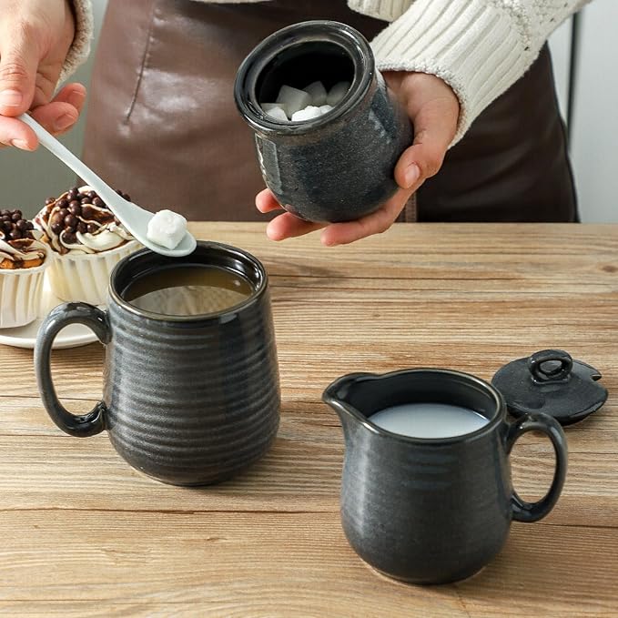 Hasense Porcelain Sugar and Creamer Set, 11 Oz Sugar Bowl with Lid and Spoon and 10 Oz Cream Pitcher, Farmhouse Coffee Sets for Serving, Dishwasher Safe, Grey