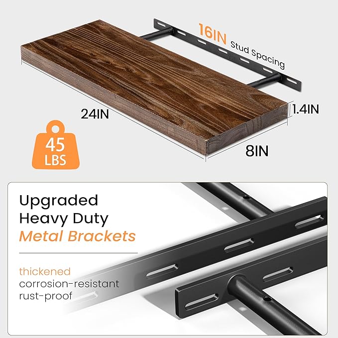 Fun Memories Floating Shelves for Wall, 24 Inch Floating Shelves Wall Mounted, Rustic Elm Wood Shelf, Heavy-Duty Storage Shelves for Books, Bathroom, Kitchen, Walnut Finish, Set of 2