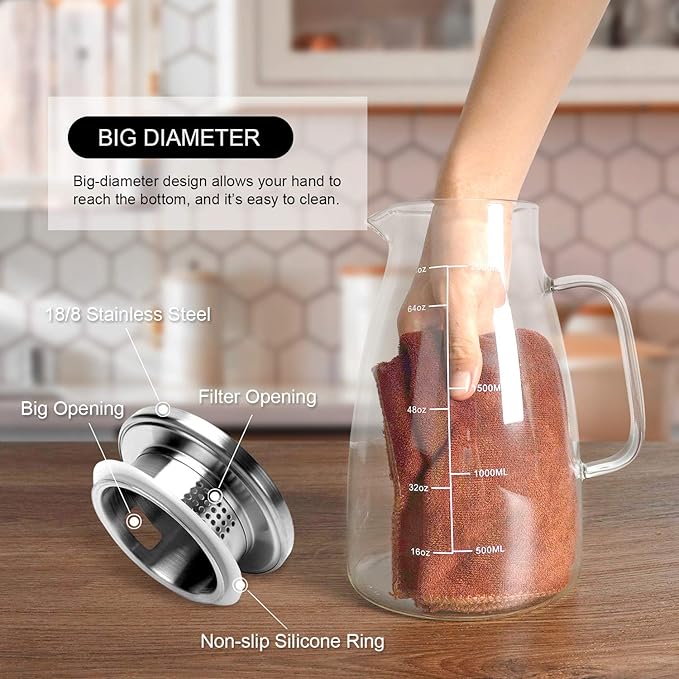 Aofmee Glass Pitcher, 68oz Water Pitcher with Lid and Precise Scale Line, 18/8 Stainless Steel Iced Tea Carafe, Easy Clean Heat Resistant Borosilicate Jug for Juice, Milk, Cold or Hot Beverages