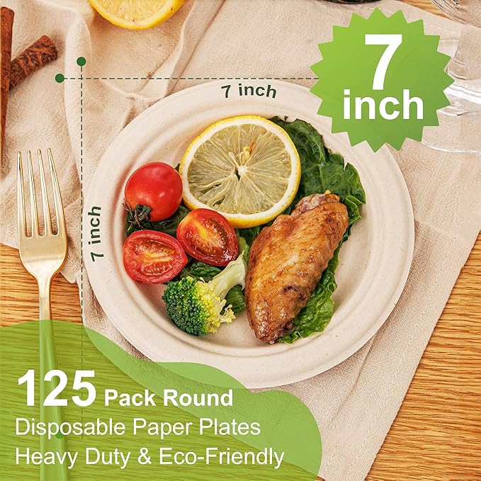 WELLIFE 100% Compostable Paper Plates 7 Inch, 125-Pack Dessert Paper Plates Bulk, Biodegradable Bagasse,Eco-Friendly Disposable Plate Small for BBQ,Picnic,Party (BPI Certified,Microwaveable)