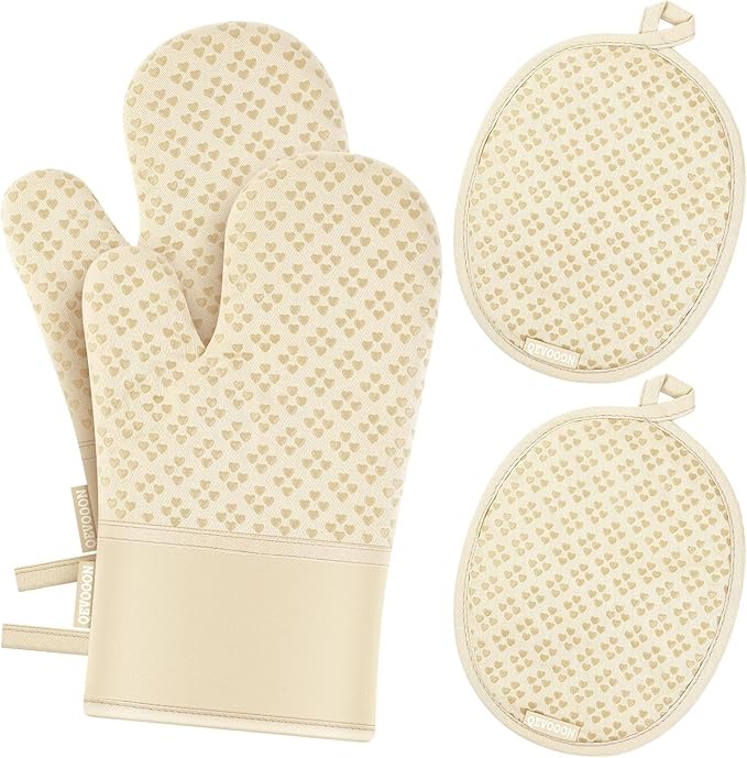 Oven Mitts and Pot Holders 4 Sets, Heat Resistant 500 ℉ Oven Mitt and Pot Holder,Oven Glove&Potholders with Non-Slip Silicone Surface,Kitchen Essentials for Cooking/Baking/BBQ-Beige