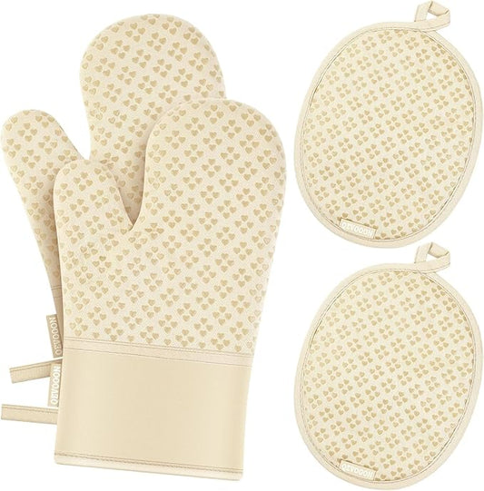 Oven Mitts and Pot Holders 4 Sets, Heat Resistant 500 ℉ Oven Mitt and Pot Holder,Oven Glove&Potholders with Non-Slip Silicone Surface,Kitchen Essentials for Cooking/Baking/BBQ-Beige
