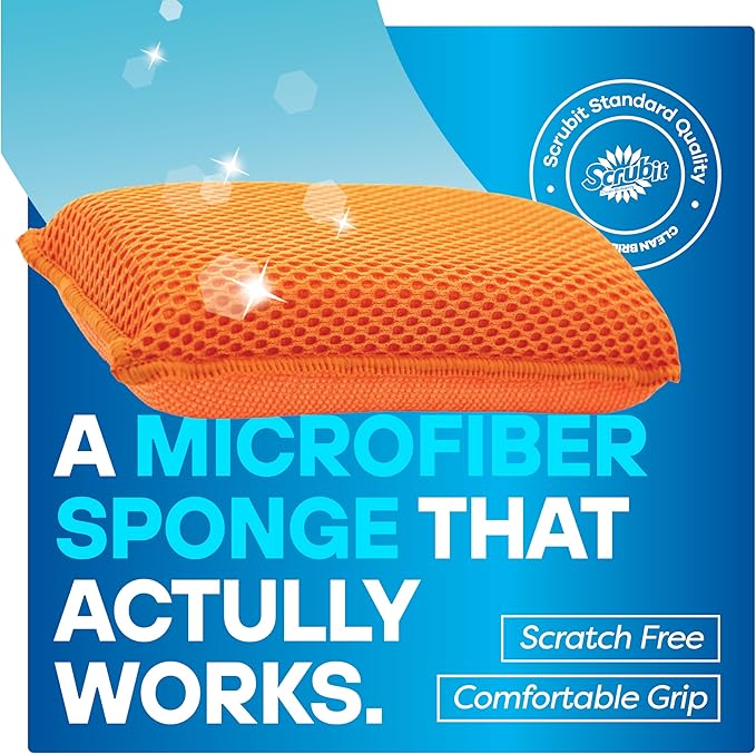 SCRUBIT Reusable Sponges for Dishes - 12 Pack Microfiber Sponges Kitchen Dish Scrubber, Machine Washable & Non-Scratch Scrubbers (Orange)