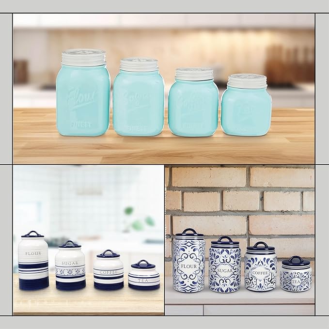 Young's Inc. 4 Pcs Set Vintage Ceramic Canisters- Storage Container for Kitchen and Bathroom - Beautiful Home Decor Accent to Store Food, Coffee, Tea, and More - Sky Blue