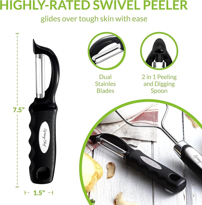 Spring Chef Stainless Steel Potato Masher with Premium Vegetable Peeler, Mashed Potato Masher - Kitchen Tool with Soft Non-slip Handle, Metal Food Masher for Fruit, Avocado, Bean, Guacamole, Banana