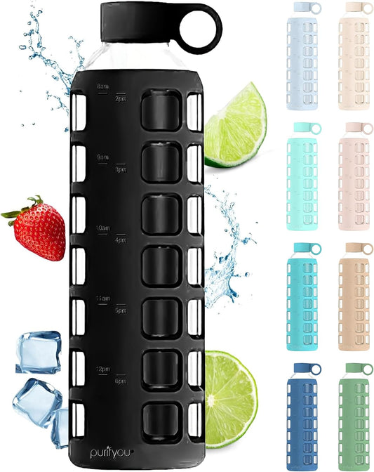 purifyou 40/32 / 22/12 oz Glass Water Bottles with Volume & Times to Drink, Extra Thick Silicone Sleeve, Reusable Bottle for Fridge Water, Milk, Juice (32oz Jet Black)