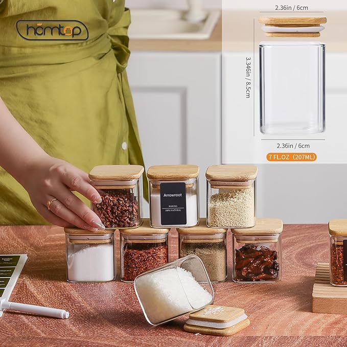 16Pcs 7oz Spice Jars Glass Container with 275 Labels, Airtight Seasoning Empty Organizer with Bamboo Lid Set for Pepper, Salt, Sugar