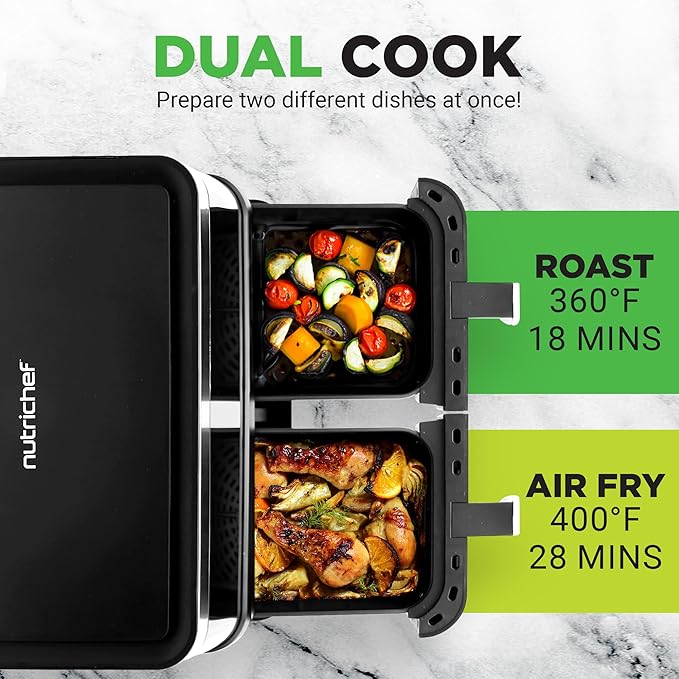 Nutrichef Double Basket Air Fryer 8.8 QT | Family Size Oil Free Airfryer with Transparent Window | 9-1 Preset Cooking Options | 360° Hot Air Circulation Technology | 4.4 QTs per Basket | Black